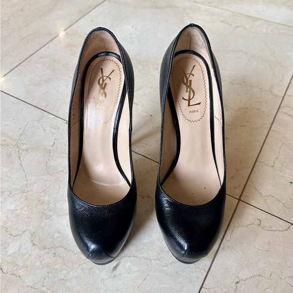 YSL Saint Laurent Black Leather Platform Tribtoo Pumps Heels 37.5 Like NEW - Picture 6 of 6